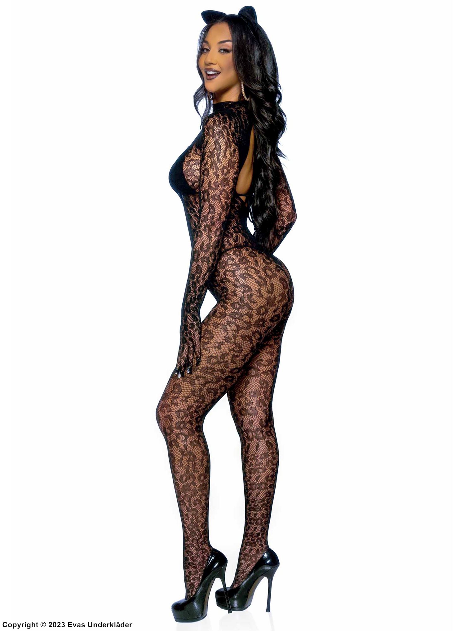 Sexy Bodystocking, Netz, ohne Nähte, lange Ärmel, Leopard